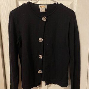 Talbots Black Merino Wool Cardigan Rhinestone Buttons Size Small Holiday Style